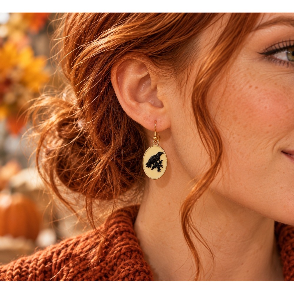 Black Raven Bird Oval Enamel Drop Earrings Gold Tone Fishhook Dangle Jewelry